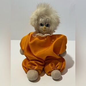 Vintage Q-Tee Clown Sand Doll with Orange Outfit White Soft Hair Hand Painted